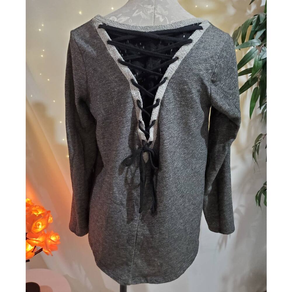 Anthropologie Everleigh Lace Up Back Pullover Sweater Womens Size XS Gray Top